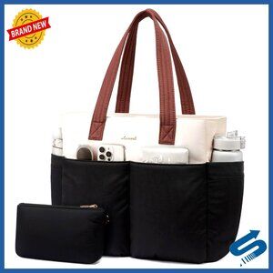 Waterproof Puffer Tote Bag with 8 Pockets and Cosmetic Bag for Work Travel Gym